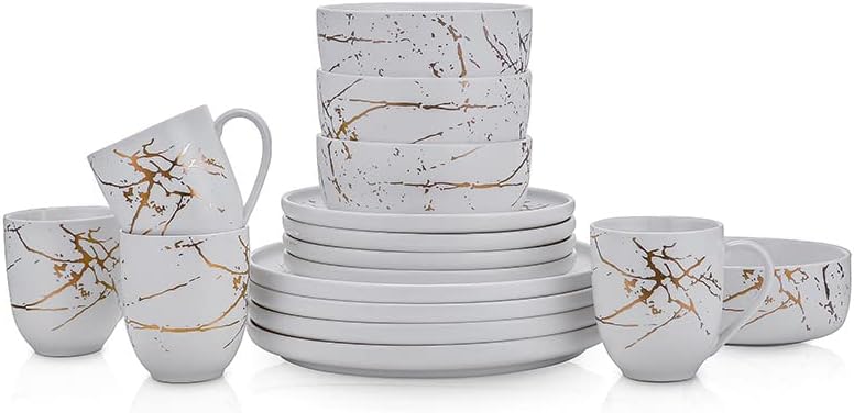 Stone Lain Modern Gold Splash Exquisite Fine China Dinnerware Set, 16 Piece - Service for 4, White & Gold