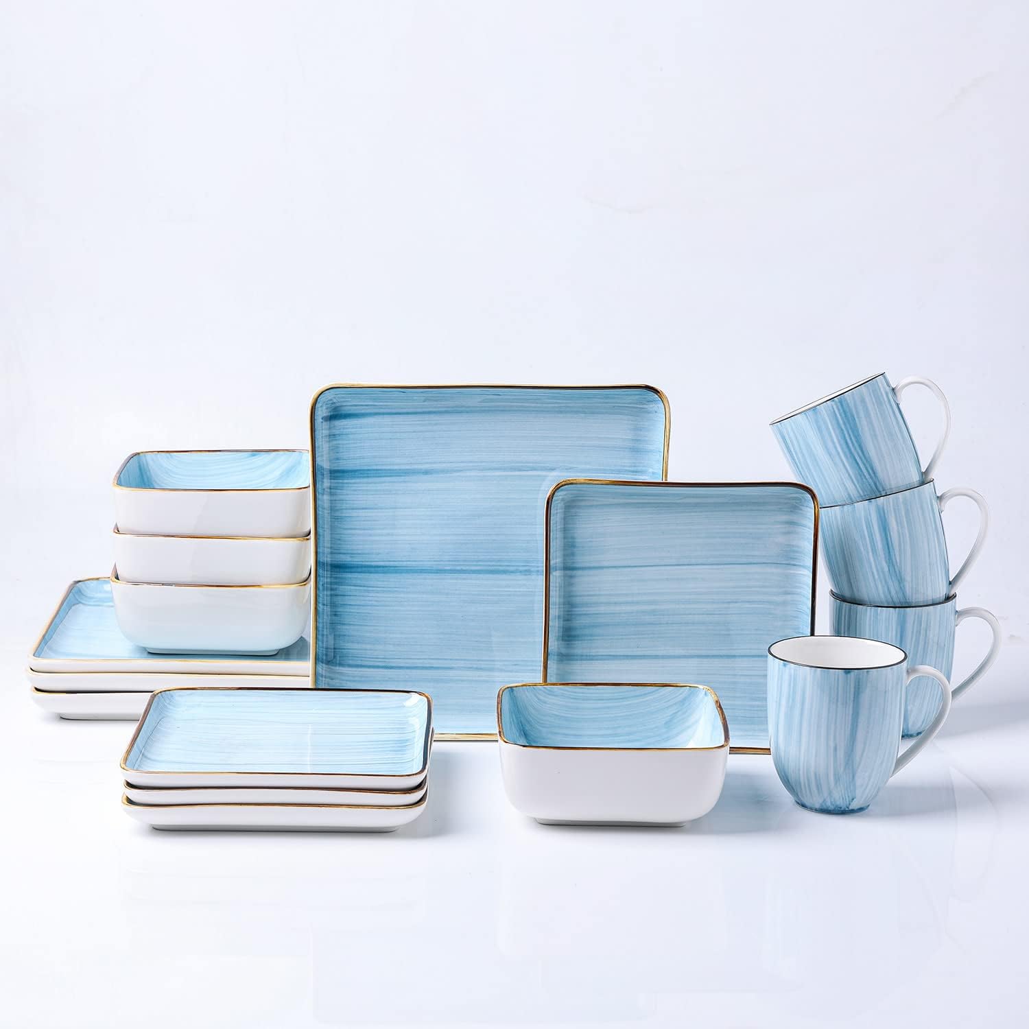 Stone + Lain Esmeralda Porcelain Dinnerware Set, Service for 4, 16 Pieces Square Light Blue Brushed Design
