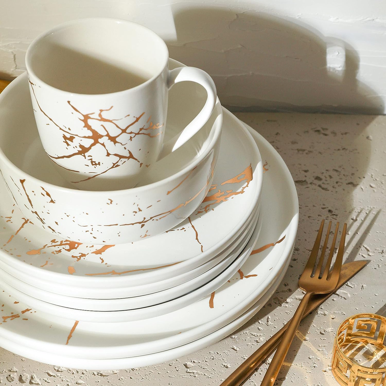 Stone Lain Modern Gold Splash Exquisite Fine China Dinnerware Set, 16 Piece - Service for 4, White & Gold