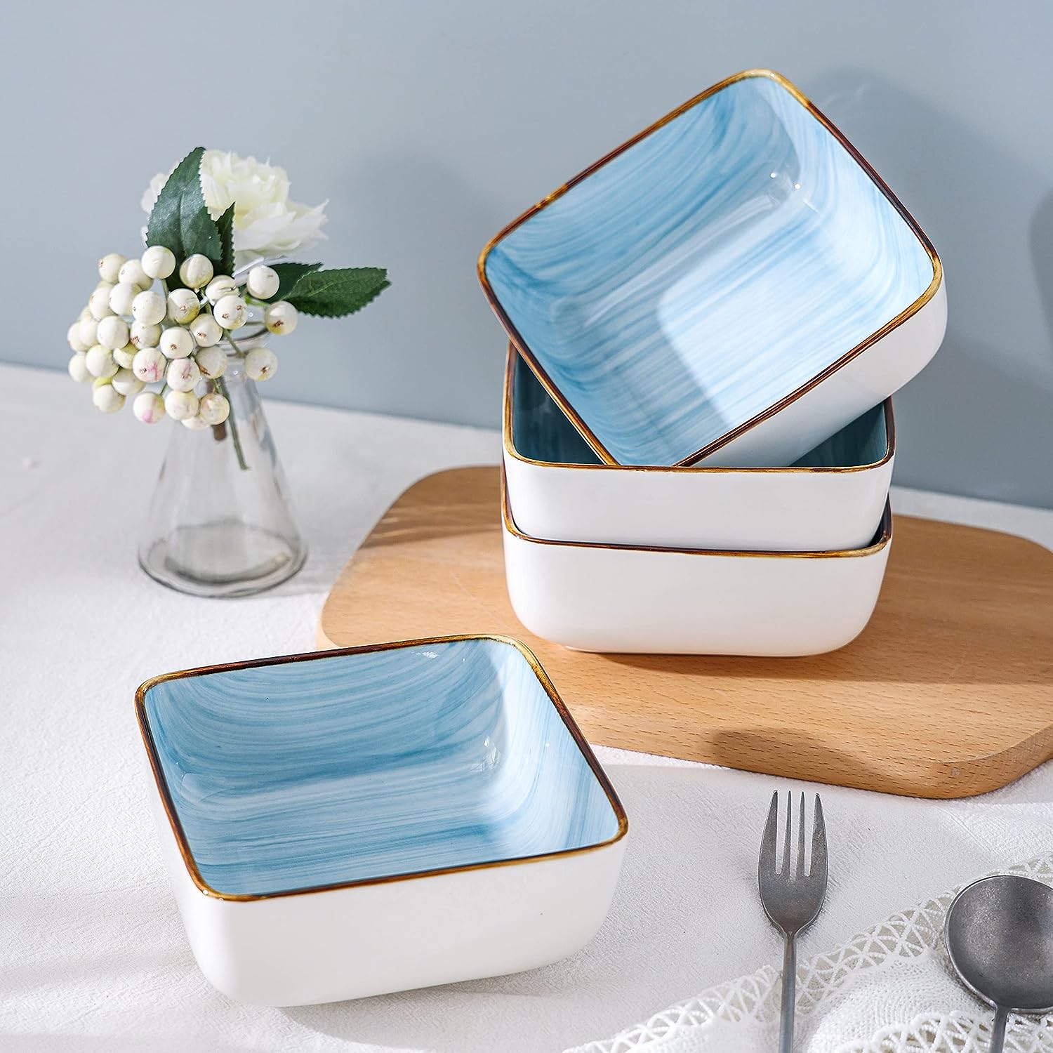 Stone + Lain Esmeralda Porcelain Dinnerware Set, Service for 4, 16 Pieces Square Light Blue Brushed Design
