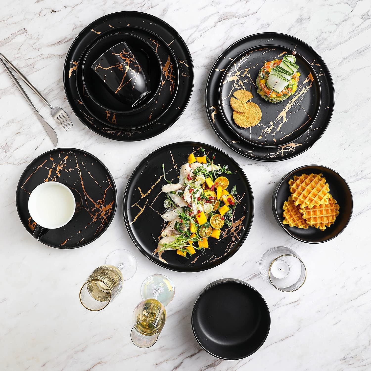 Stone Lain Modern Gold Splash Exquisite Fine China Dinnerware Set, 16 Piece - Service for 4, White & Gold